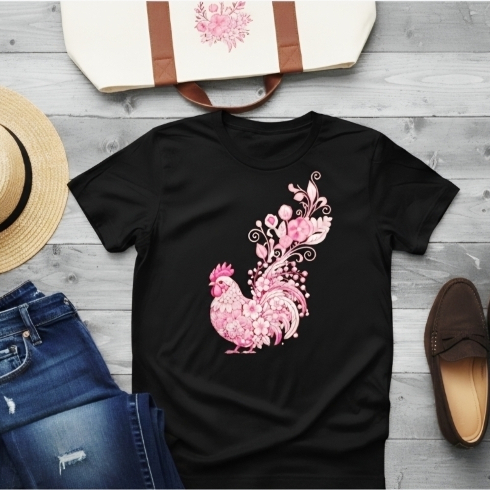 Floral Rooster Graphic Tee • Black Unisex T-Shirt • Boho Farmhouse Country Style